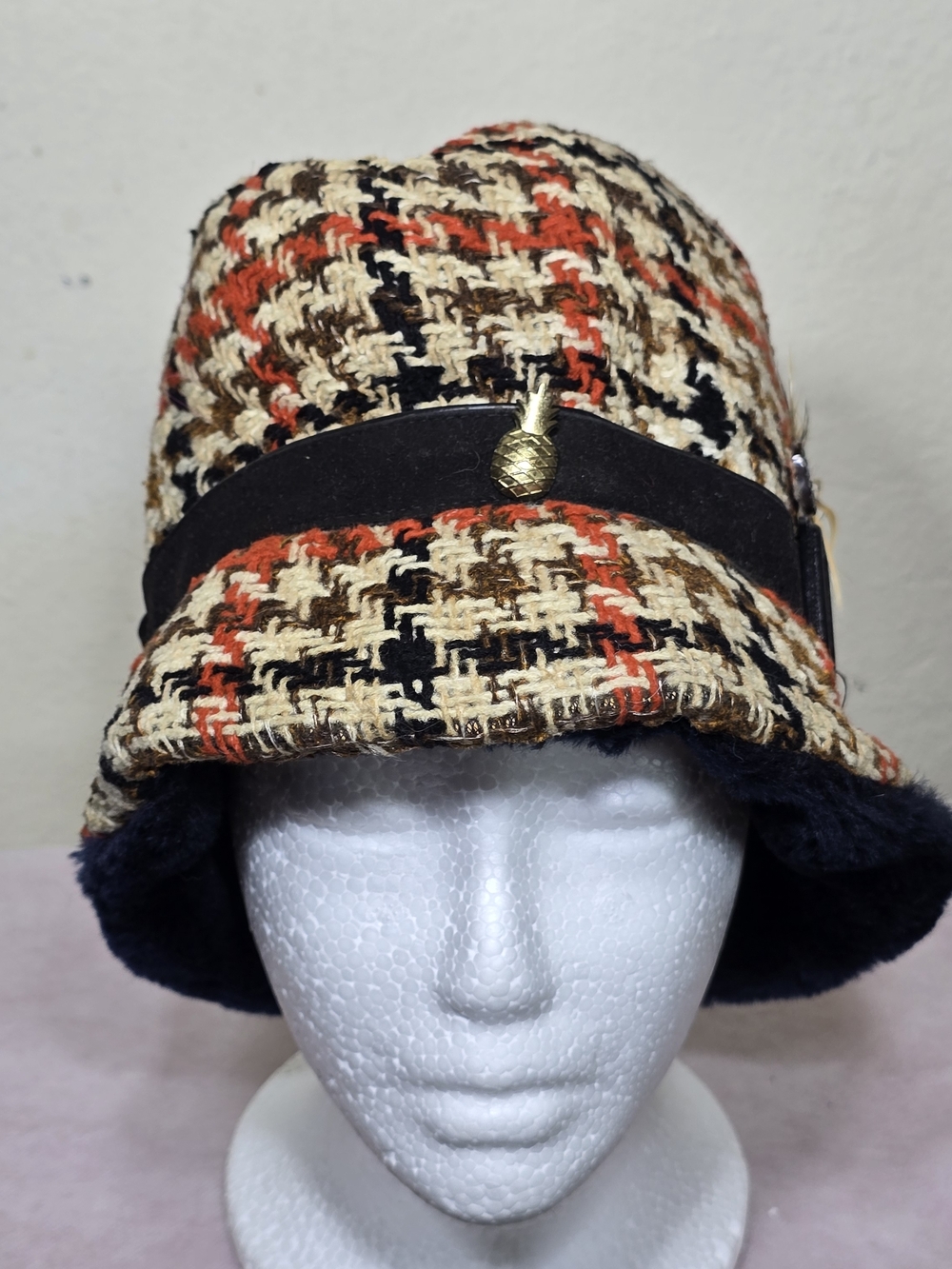Scala Collezione Tweed Cloche Bucket Hat Medium Wool Blend Cream Brown Rust - Picture 5 of 11